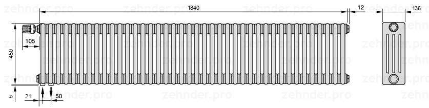Схема (чертеж) Радиатор Zehnder Charleston 4045/40 №V001 Белый глянцевый RAL 9016